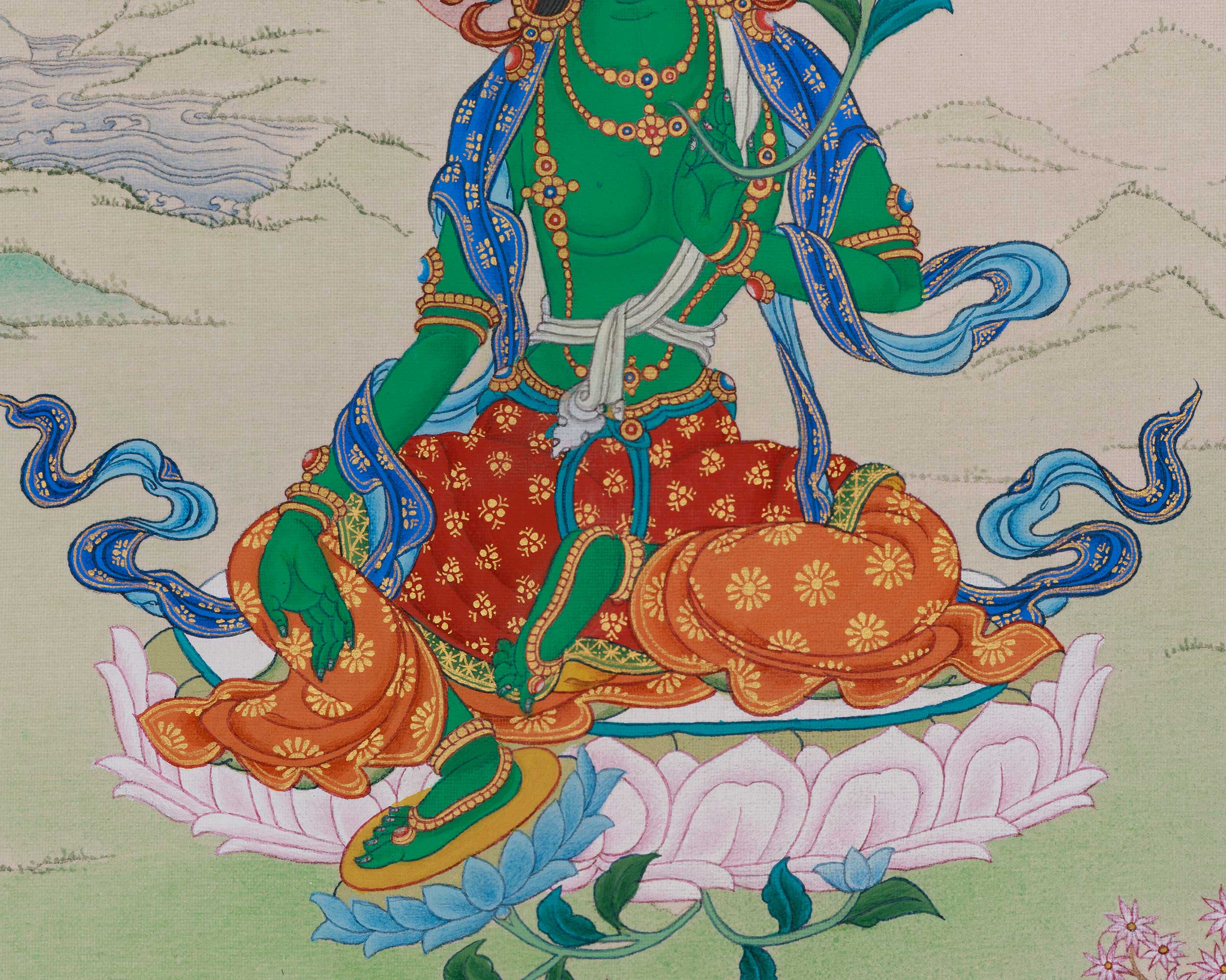 Shayma Tara Tibetan Thangka | Divine Goddess Green Tara Artwork