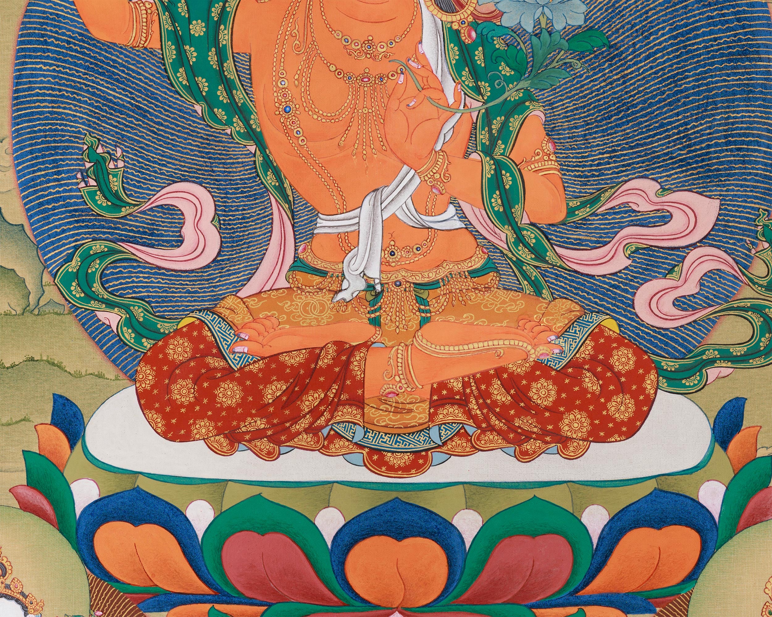 Manjushri with White Tara, Dzambhala, and Mitrupa | Tibetan Bodhisattva Painting