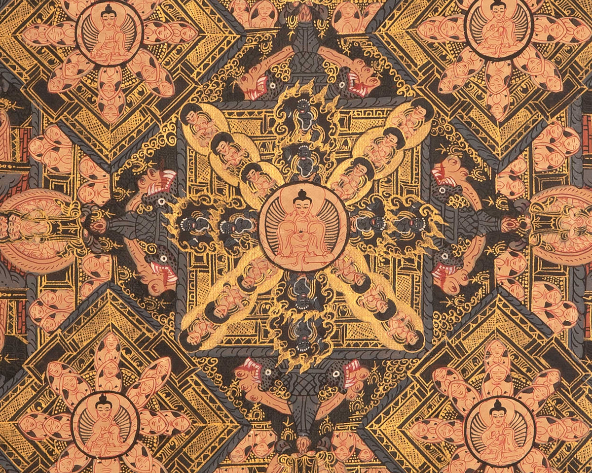 Dark Pancha Mandala With Brocade | Wall Decoration Painting