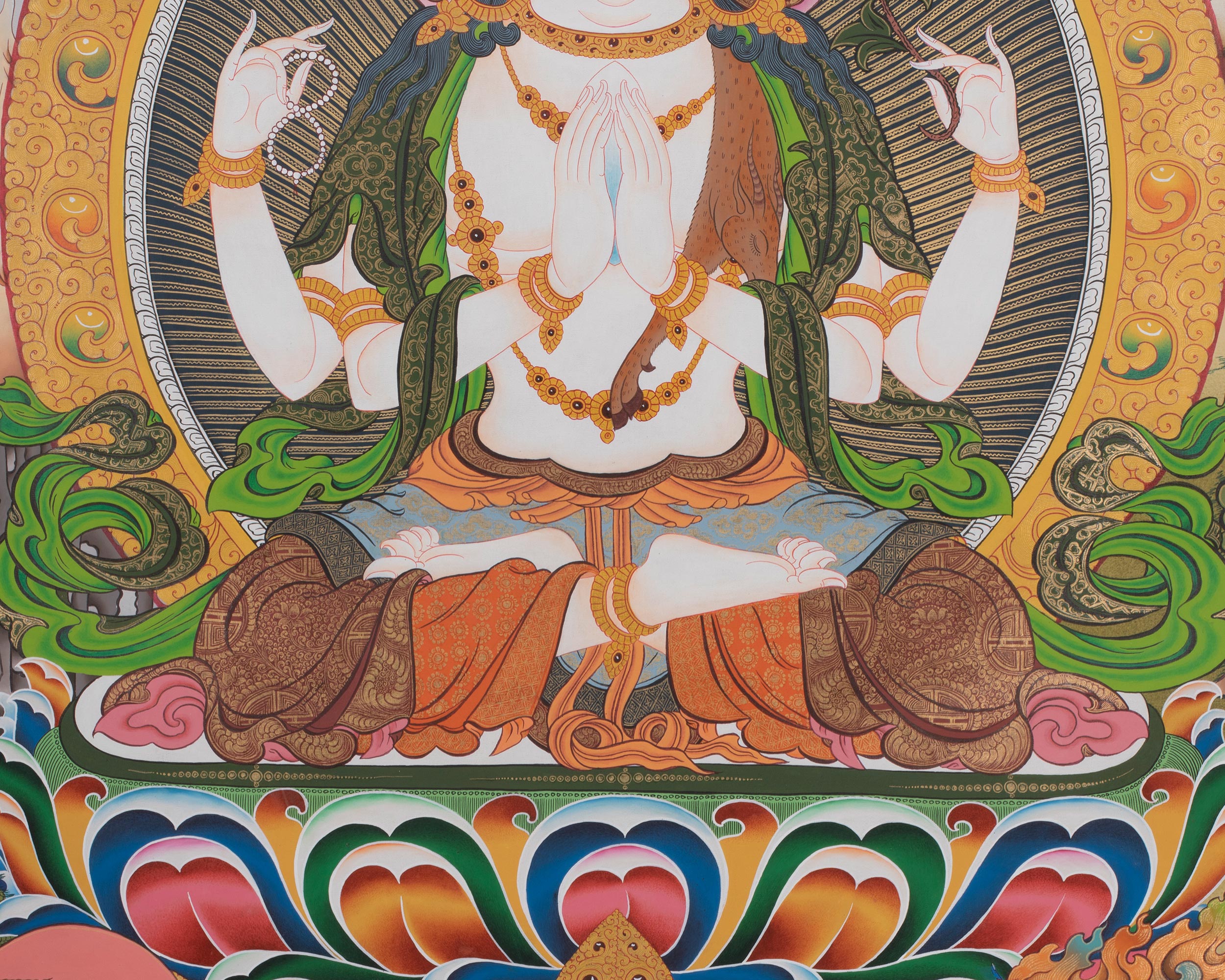 Large Size 4 Armed Chenrezig Thangka Painting with White Tara, Green Tara