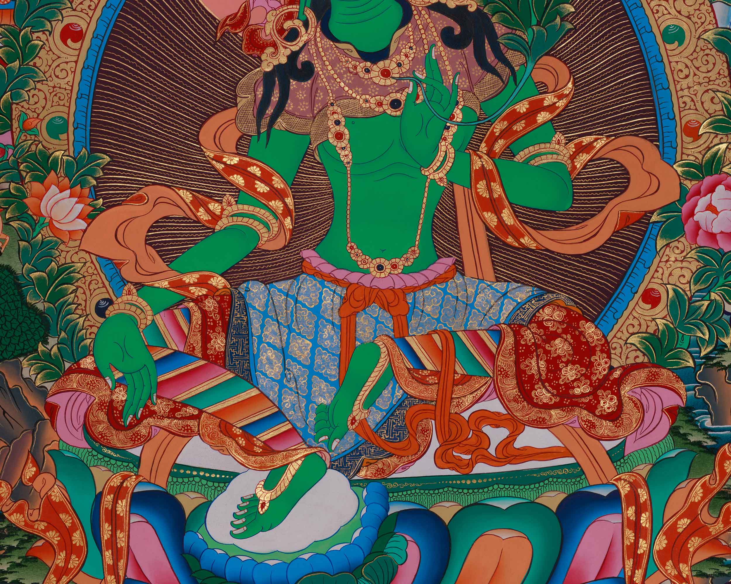 Divine Thangka of Green Tara with Amitabha Buddha, Chenrezig, and Vajrapani | Spiritual Art