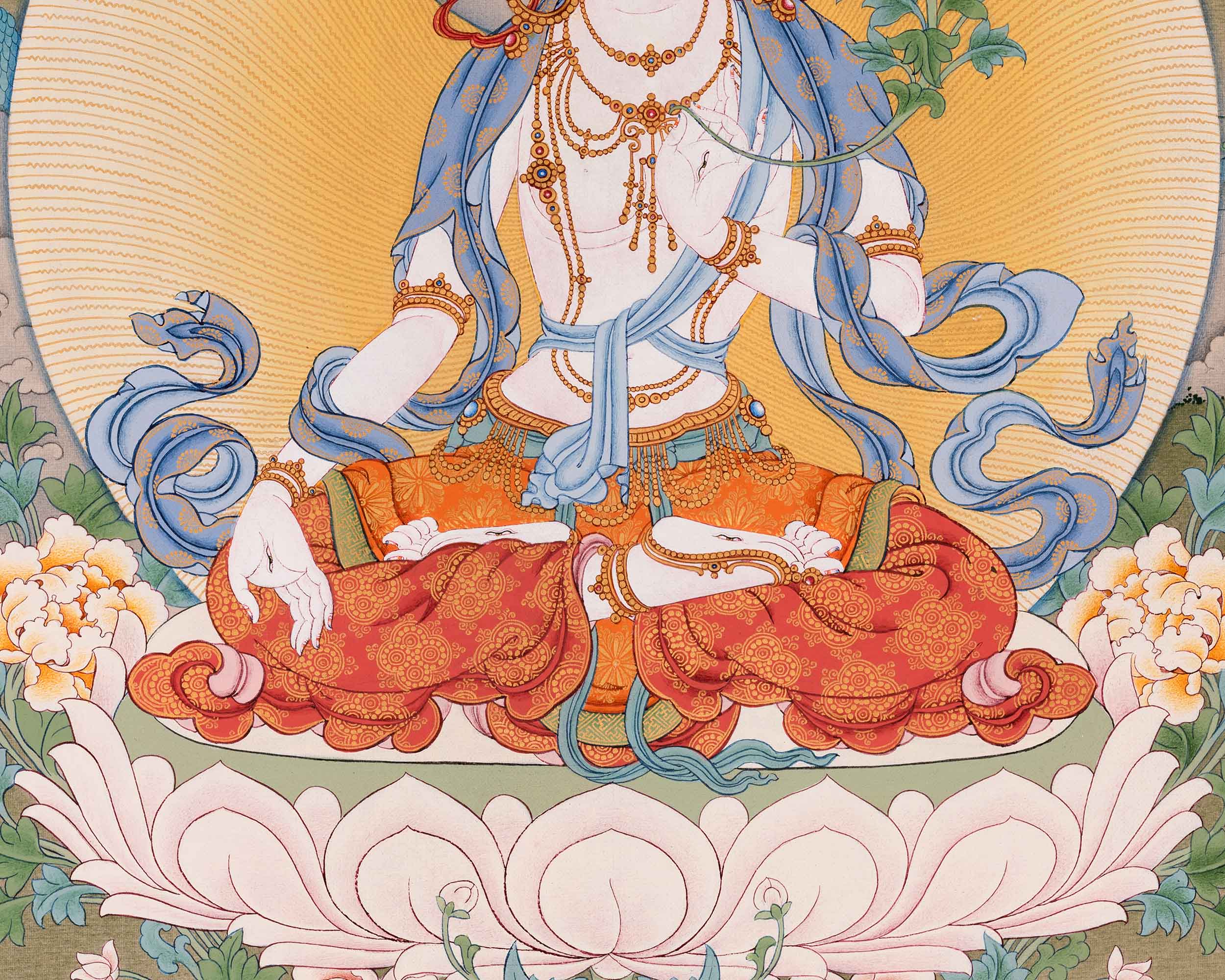 Thangka Print of White Tara | Tibetan Artwork of the Three Longevity Deities