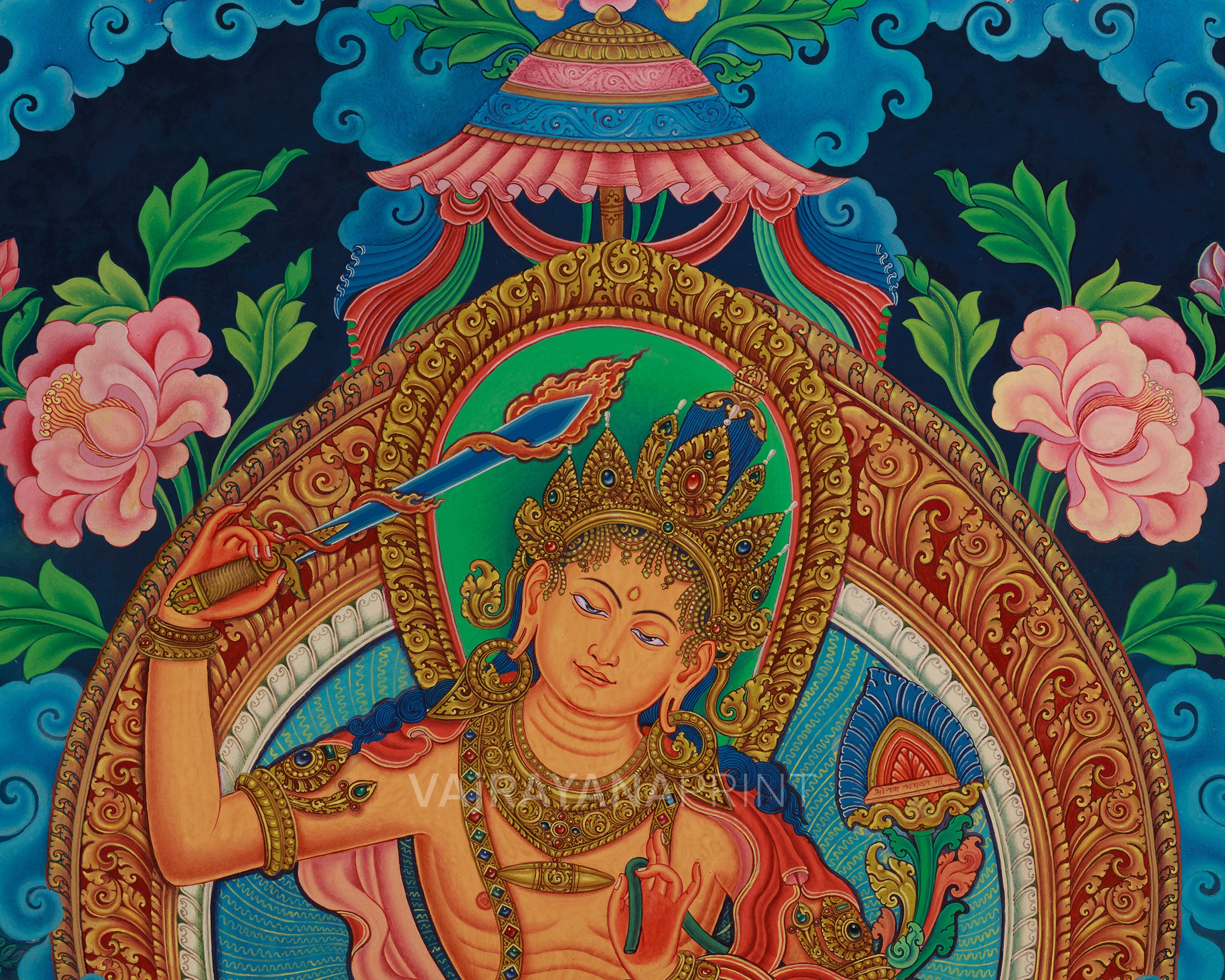Divine Wisdom Manjushri Thangka Print | 5 Dhyani Buddhas | Bodhisattva Newari Canvas Art