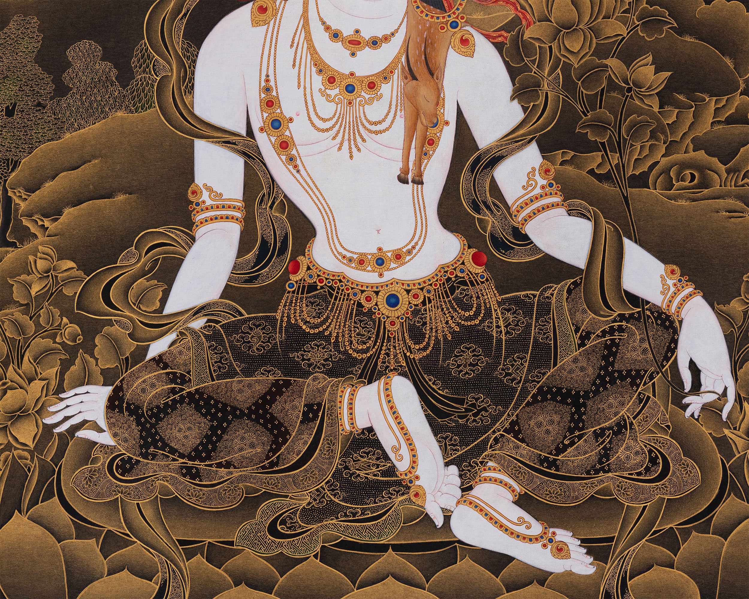 Majestic Two-Armed Chenrezig | 24K Gold Embellished Thangka | Nakthang Style