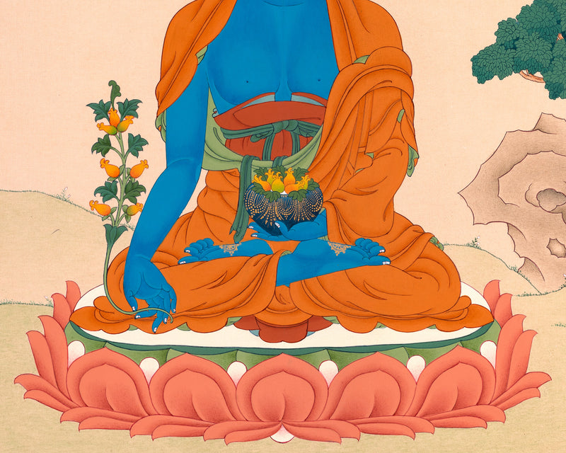 Buddhist Art: Lapis Lazuli Medicine Buddha Thangka Print for Meditation