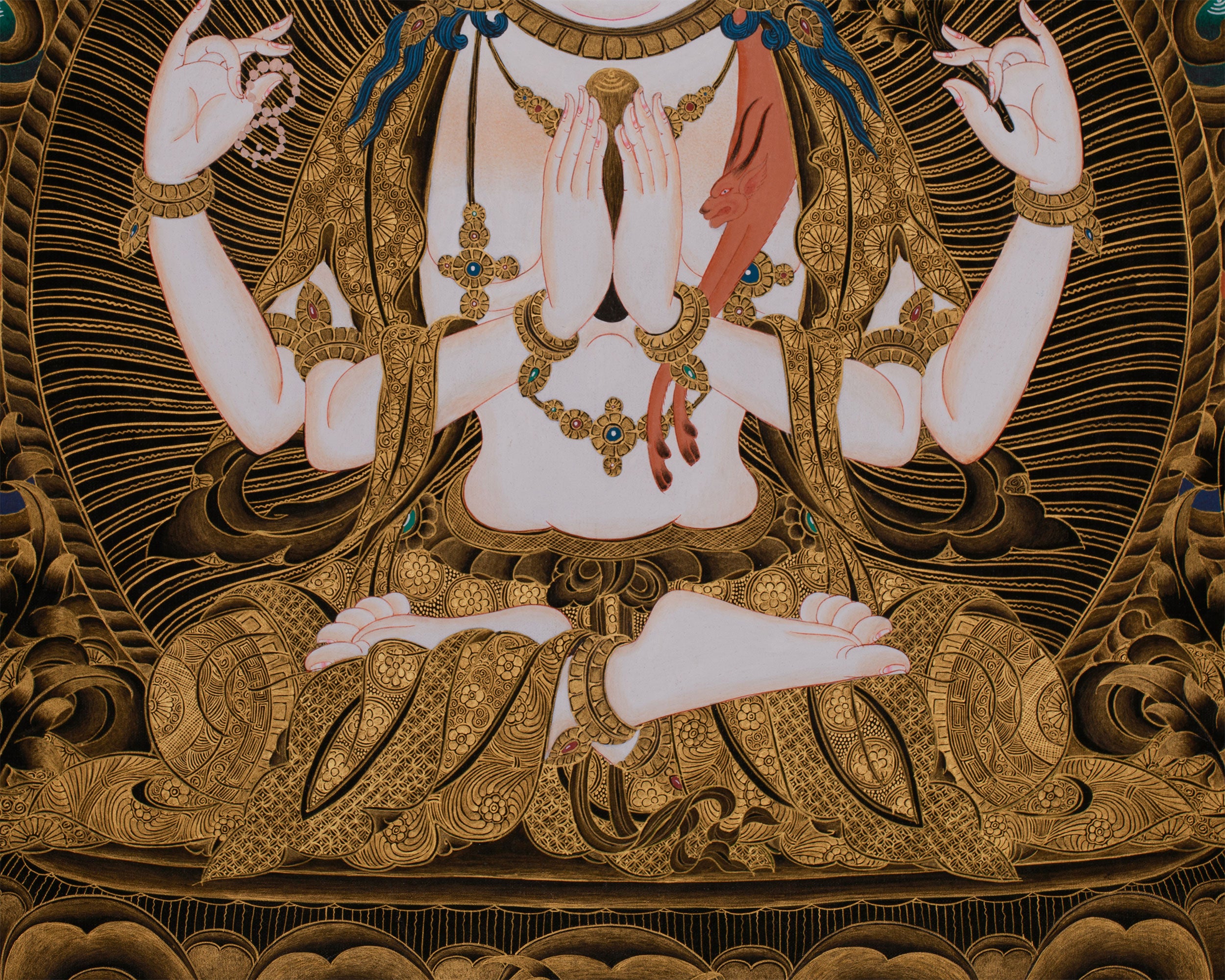 Large 30 Inches Chenrezig in Gold | Four-Armed Bodhisattva of Infinite Compassion