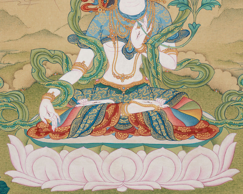 Goddess White Tara With Amitabha Thangka |  Healing, Longevity and Spiritual Protection