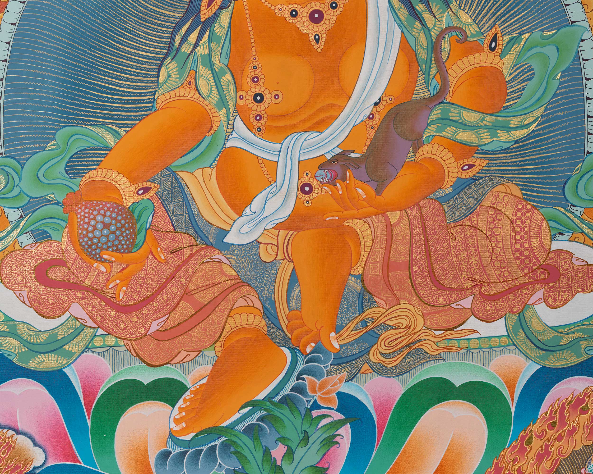 High-Quality Big Five Dzambala Thangka Painting | Tibetan Kubera Thangka | God of Wealth |