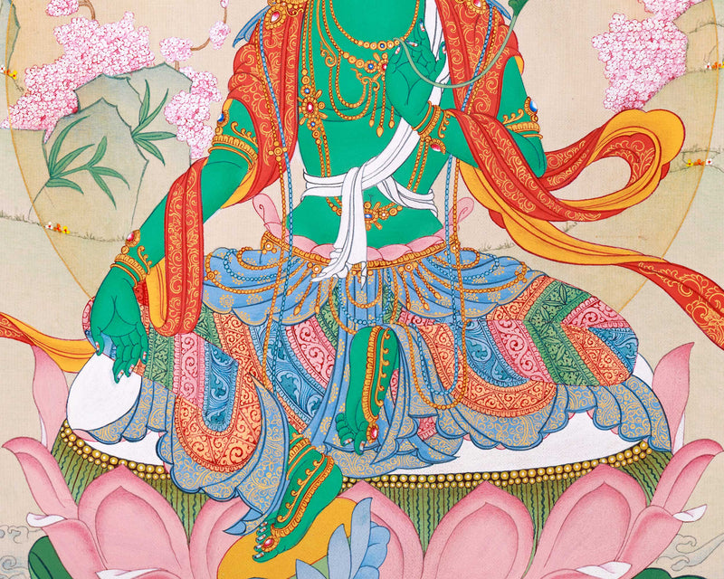 Divine Feminine Mother Tara Thangka | Sacred Tibetan Green Tara Artwork