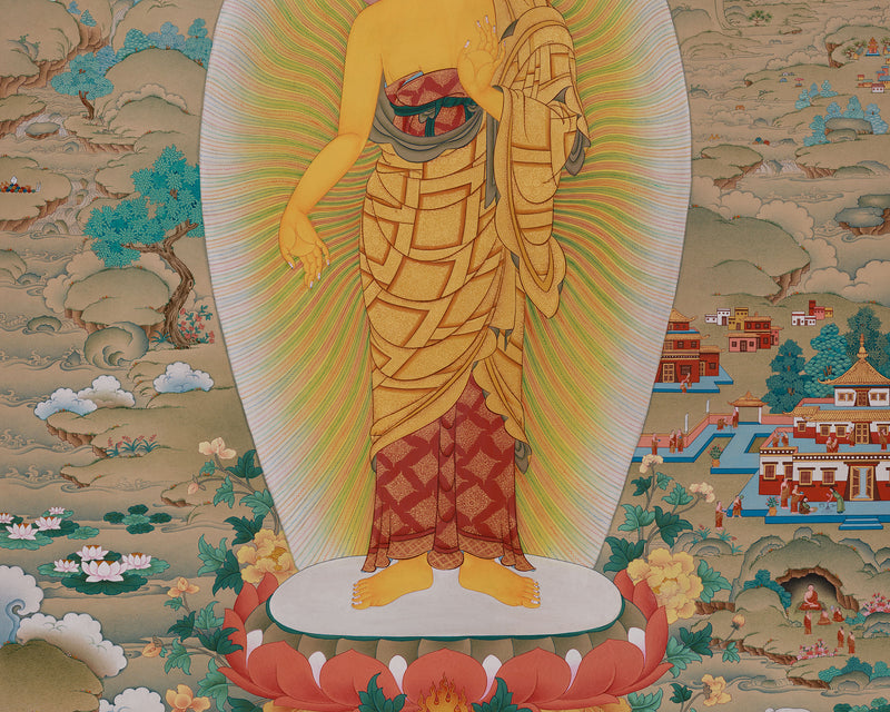 Standing Buddha Shakyamuni Thangka | A Masterpiece of Serenity and Enlightenment