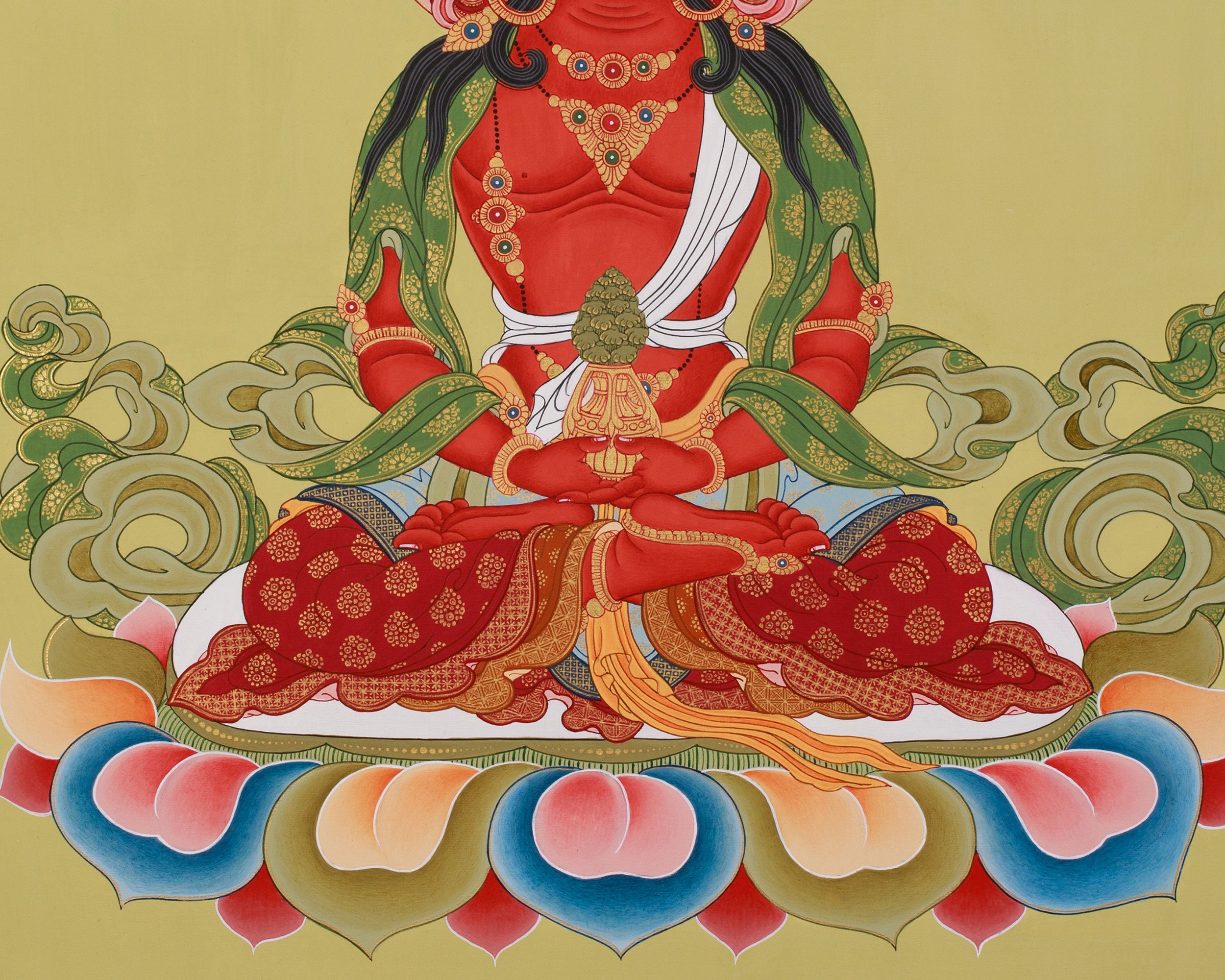 24-Inch Amitayus Buddha Thangka | Hand-Painted Red Buddha on Cotton Canvas