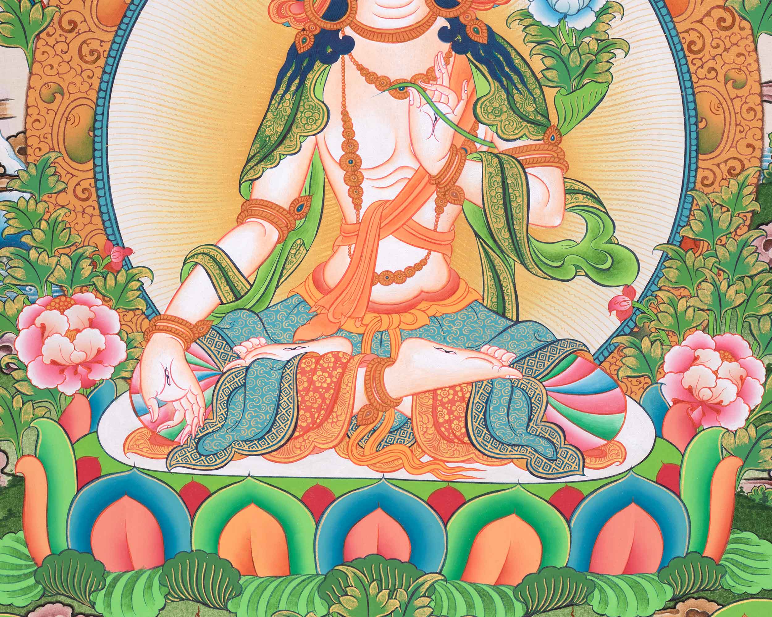 Female Buddhist Goddess, White Tara Thangka | 5 Dhyani Buddhas