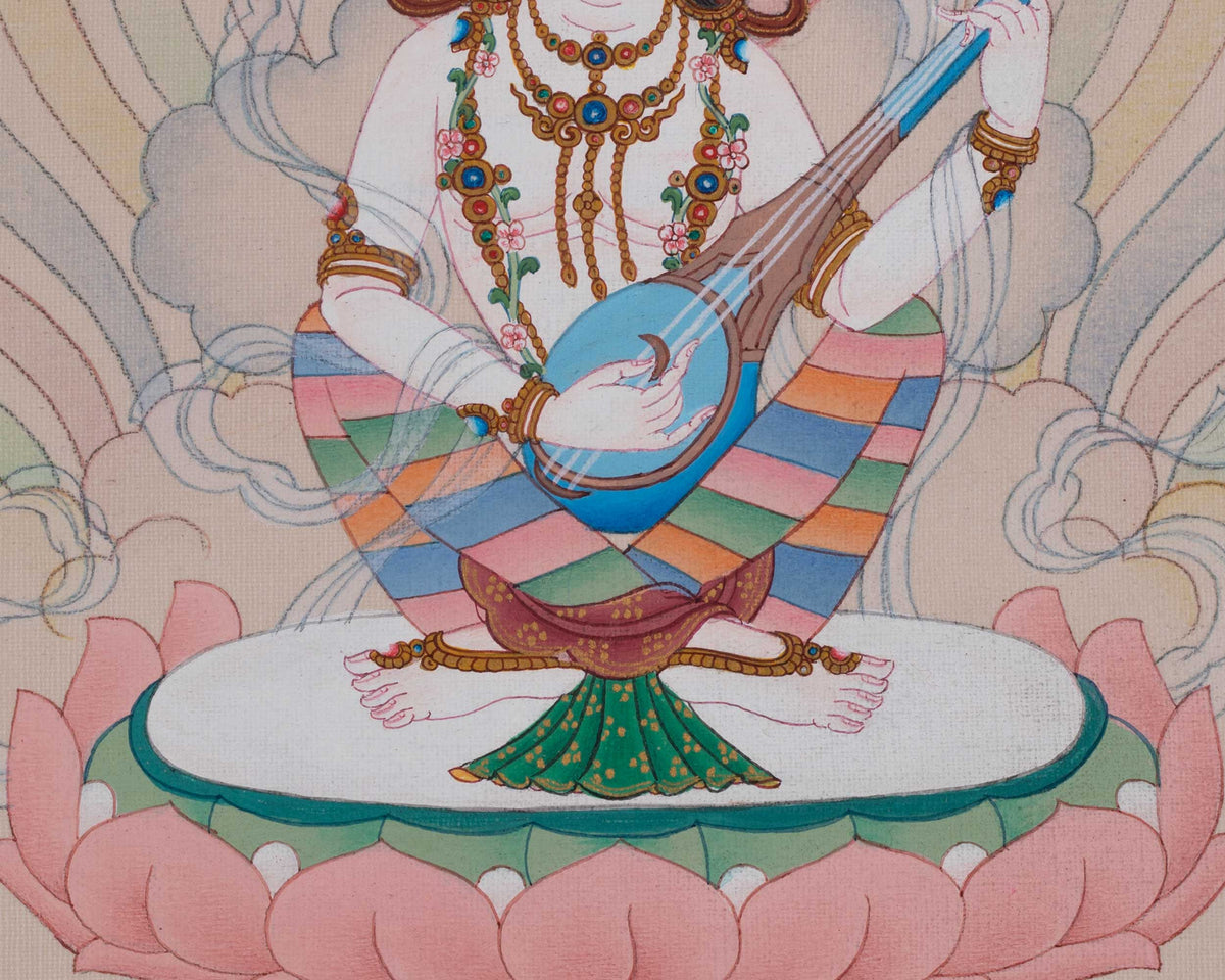 Himalayan Saraswati Thangka | Goddess of Wisdom and Sacred Learning