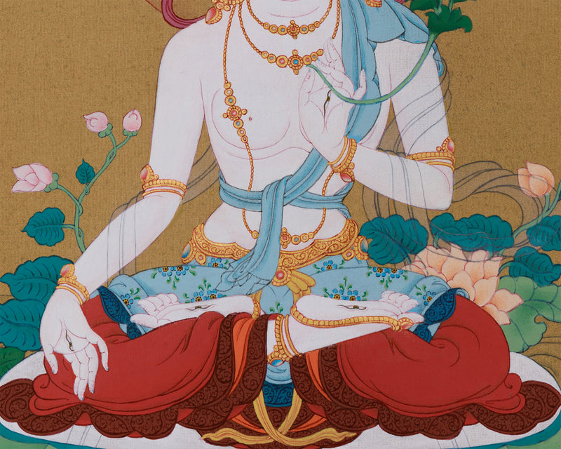 Female Bodhisattva White Tara Thangka | Hand-Painted in Karma Gadri Style with 24K Gold Accents