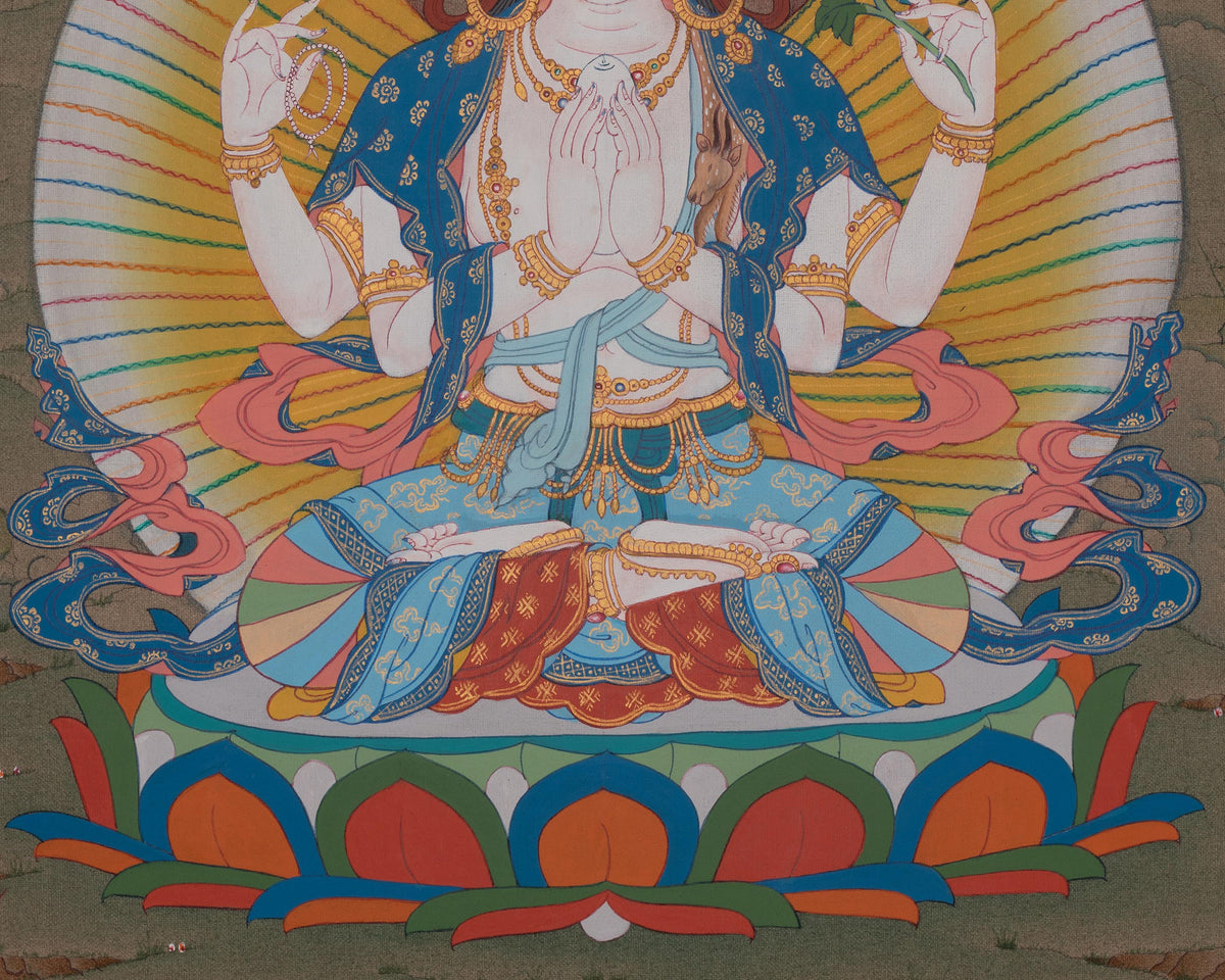 Chenrezig With Manjushri And Vajrapani Thangka | Buddhist Three Bodhisattvas Artwork