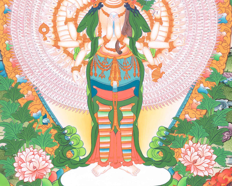 1000 Arm Chenresig Thangka | 5 Buddhas | Tradational Artwork