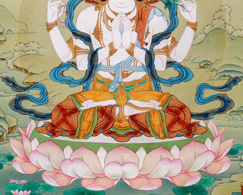 Compassion Buddha Avalokiteshvara Thangka| Authentic Stone Colors from Lhasa, Tibet