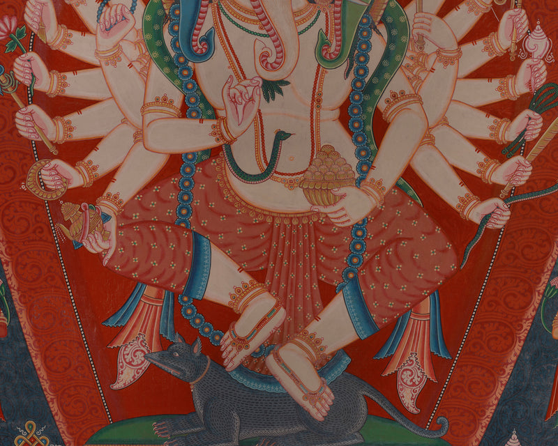 Four Head Ganesha Thangka | Hand-Painted Chaturmukha Ganesha