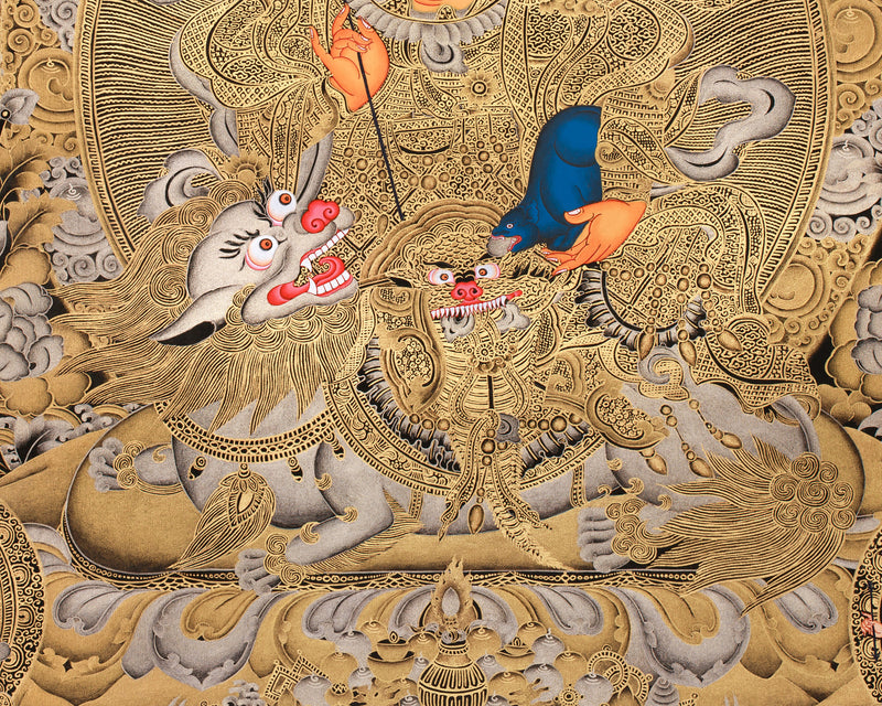 Exquisite Vaishravana, Guardian of the North Thangka | 24K Gold Embellished Art on Black Canvas