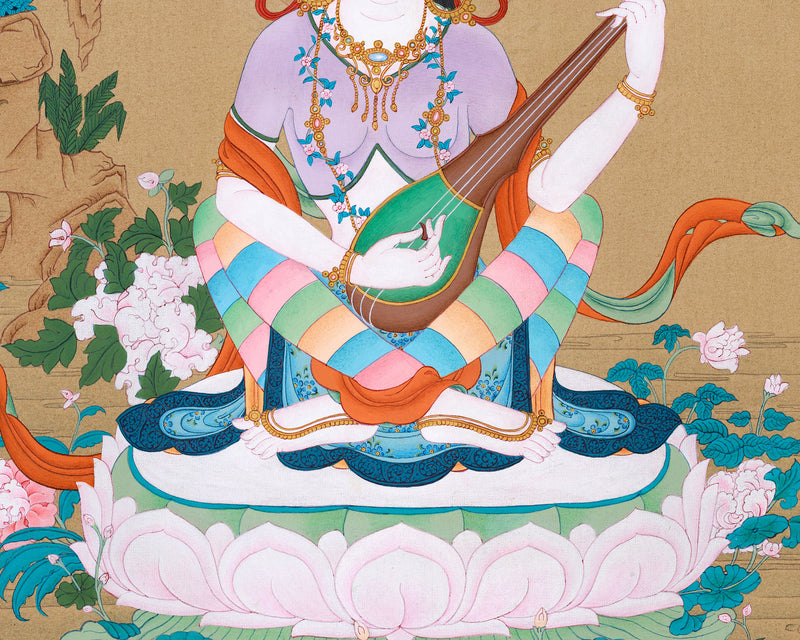 Devi Saraswati Thangka | Hand-Painted Goddess of Wisdom and Arts for Spiritual Inspiration