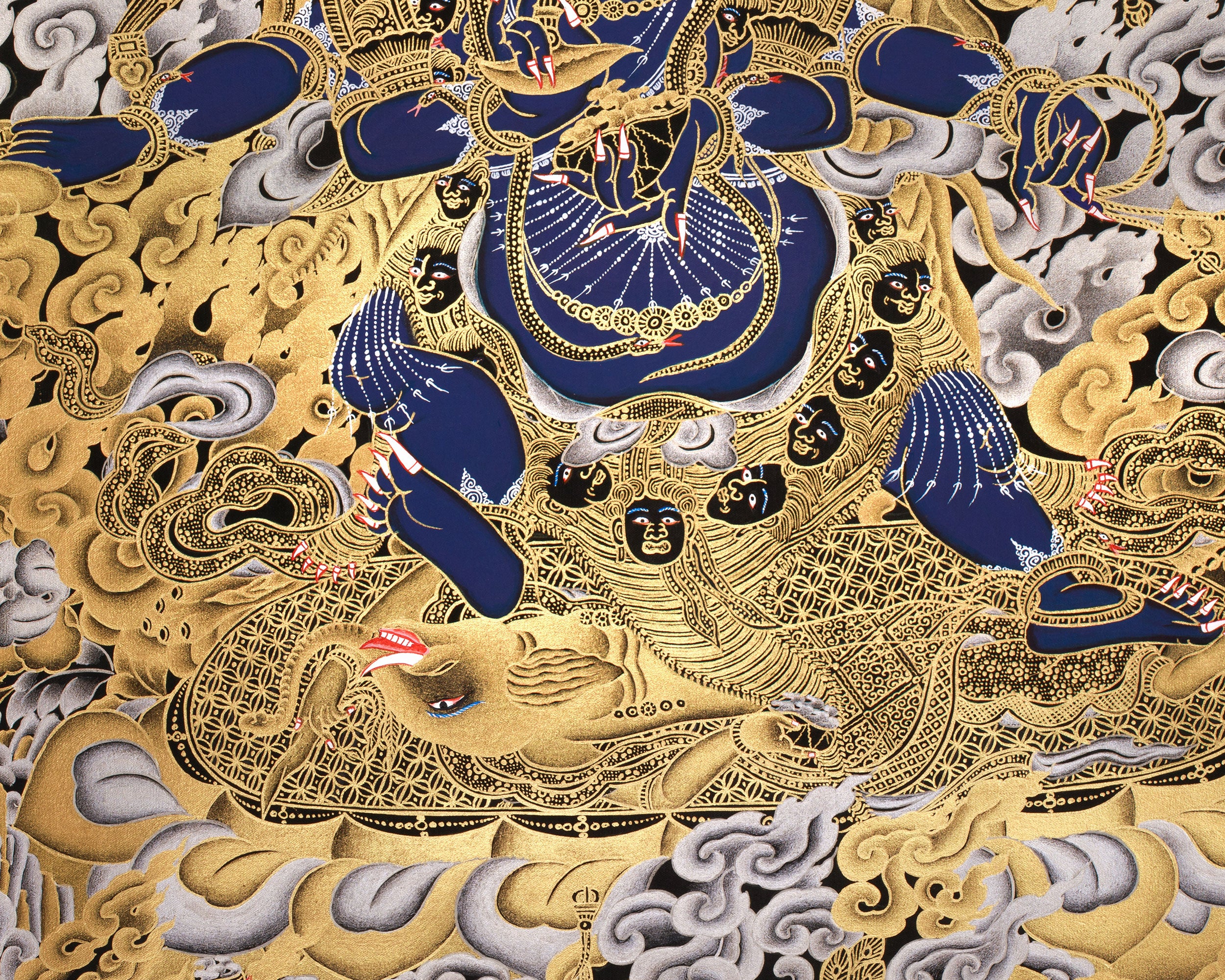 Wrathful Mahakala with Dharma Protectors | Divine Guardian Thangka | Gold and Silver on Black Canvas