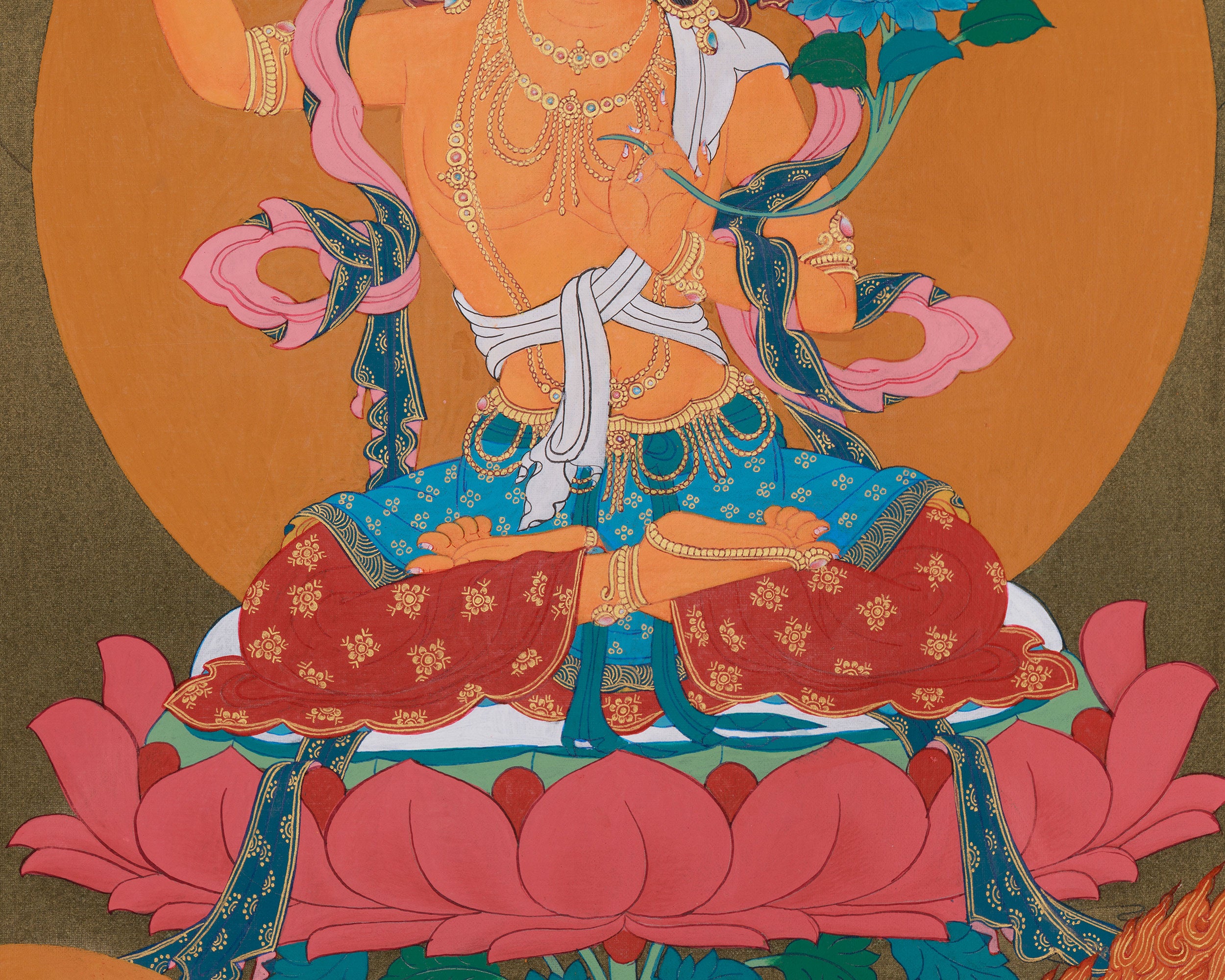Tibetan Buddhist Manjushri with Chenrezig and Vajrapani | Thangka of Three Bodhisattvas
