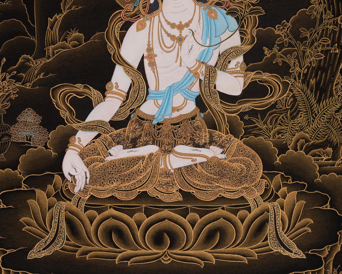 White Tara Gold on Black Thangka | Traditional Nakthang Artwork | Sita Tara