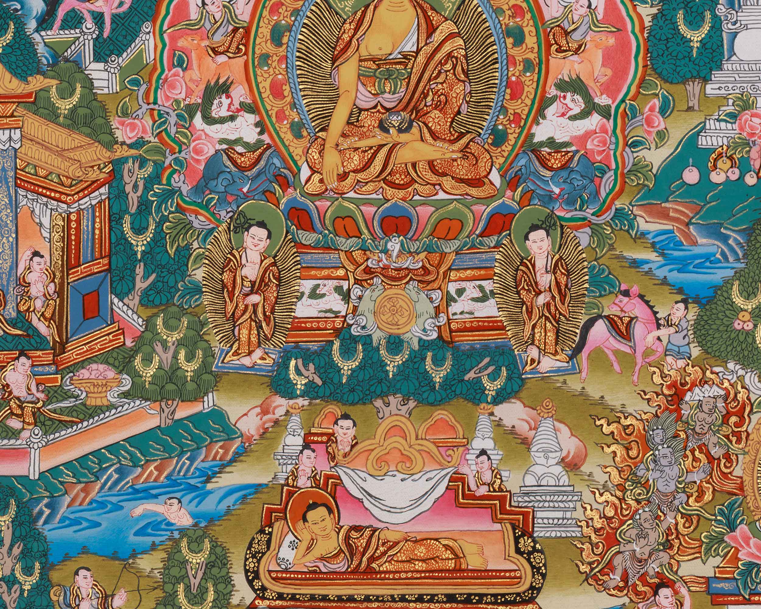 22 Inch Life Story of Buddha Thangka | Shakyamuni’s Enlightenment & Teachings