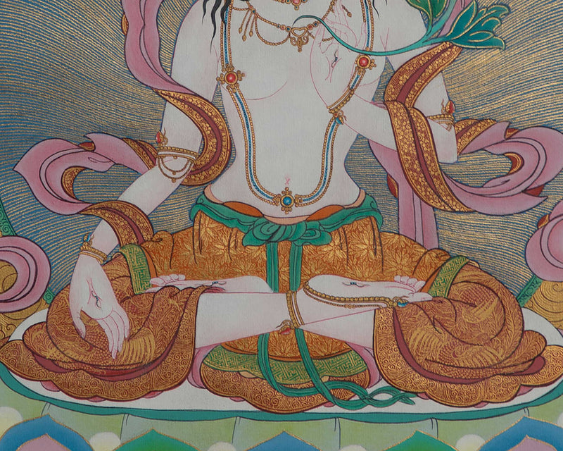 White Tara Thangka | Traditional Tibetan Painting In Menri Style | Long Life Mother Drolma