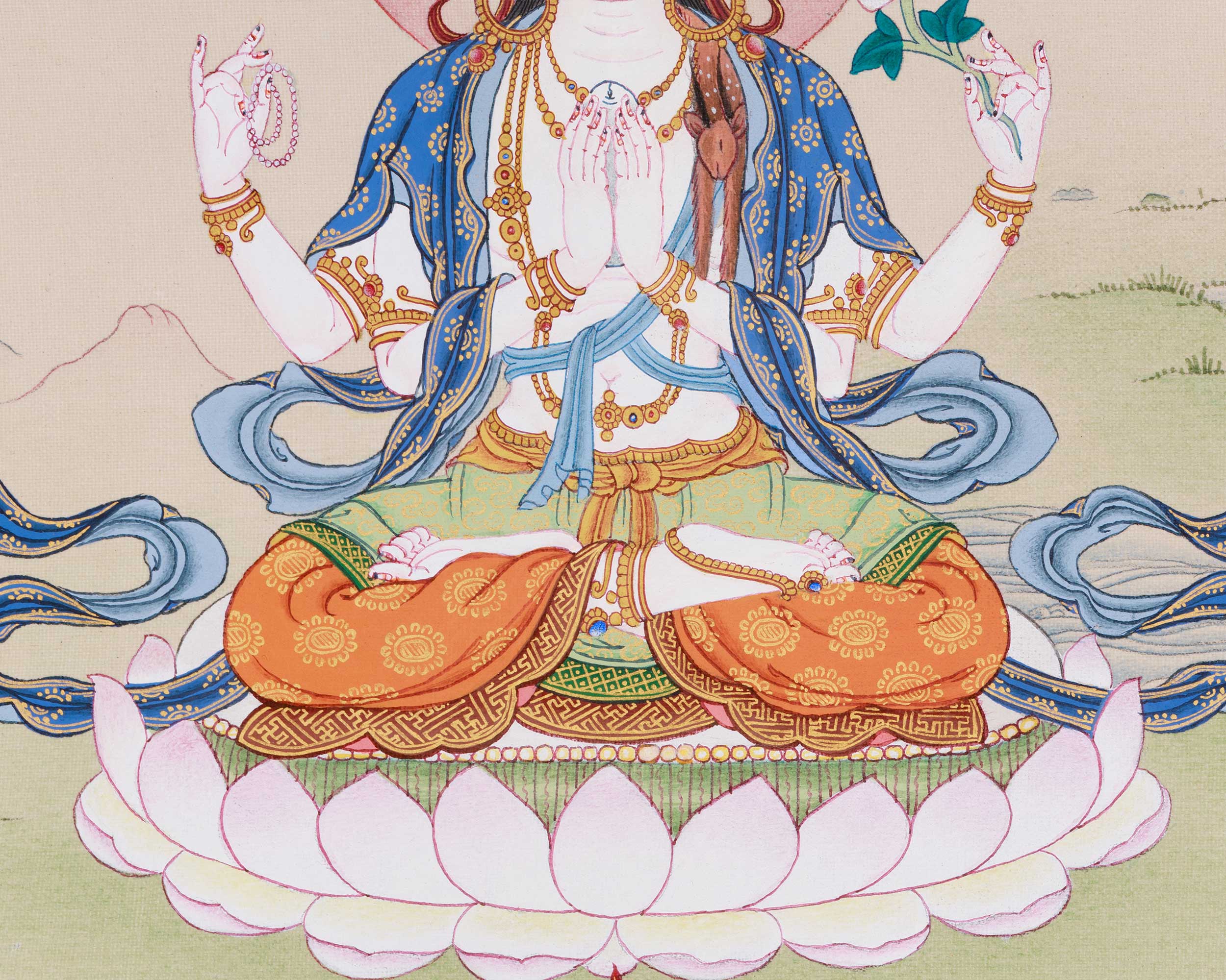 13-Inches Chenrezig Thangka | Divine Compassion and Spiritual Blessings