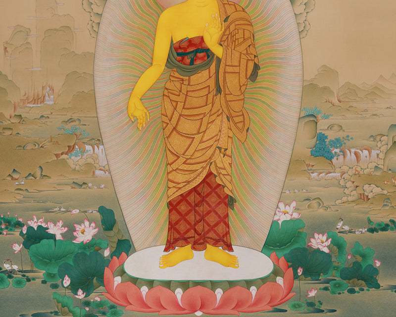 Standing Buddha Shakyamuni Thangka | Exquisite Karma Gadri Masterpiece