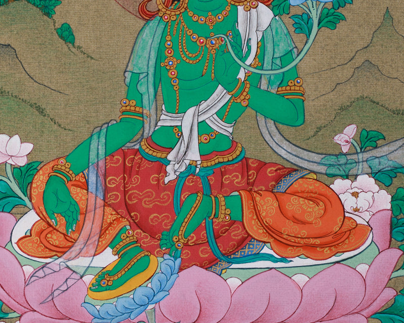 Goddess Arya Tara (Green Tara) Thangka | Divine Protector and Compassionate Healer