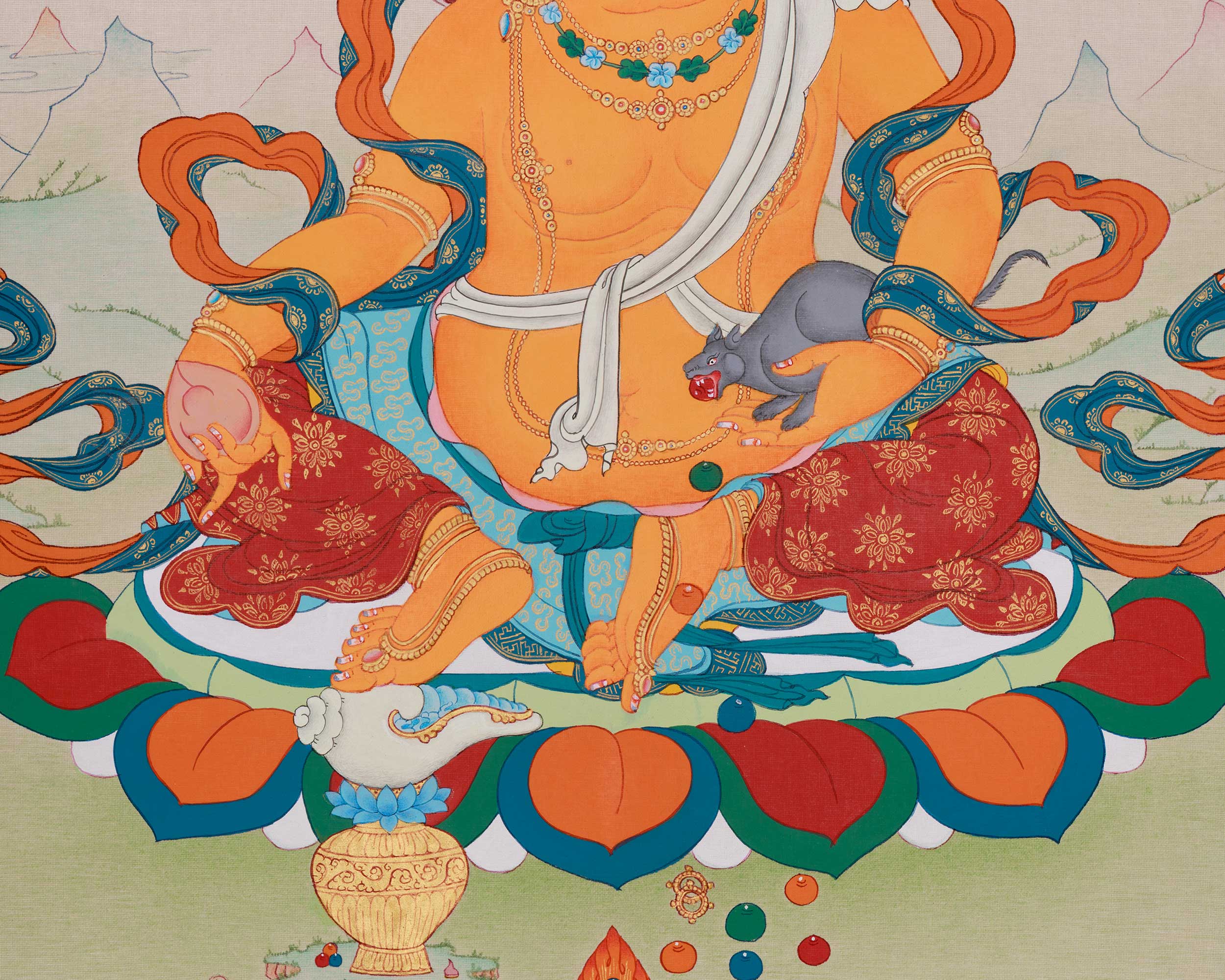 Handmade Dzambhala Thangka | Wealth Deity with Jewel Mongoose and Citron Fruit