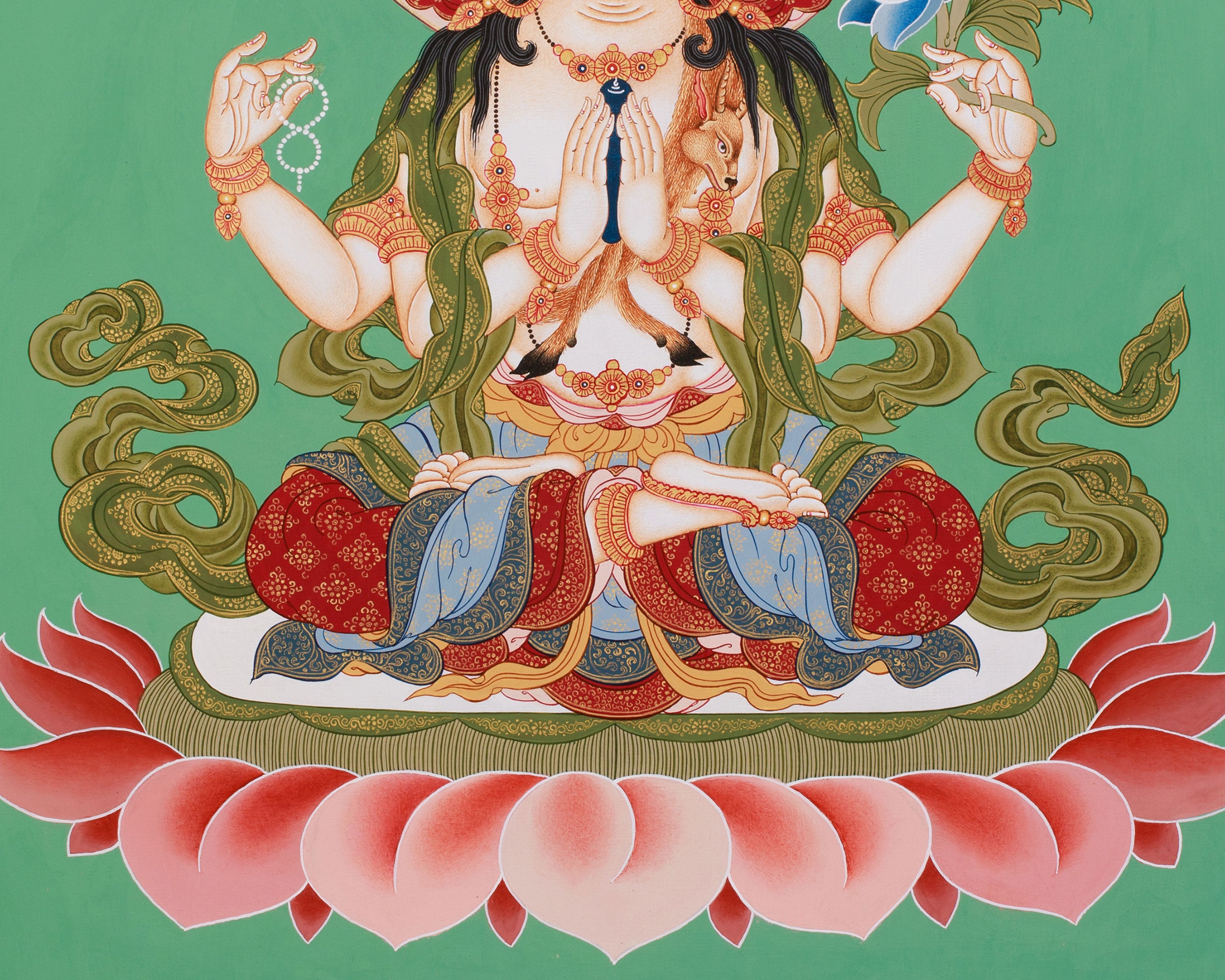 Hand-Painted Four-Armed Chenrezig | Bodhisattva of Compassion on Green Canvas