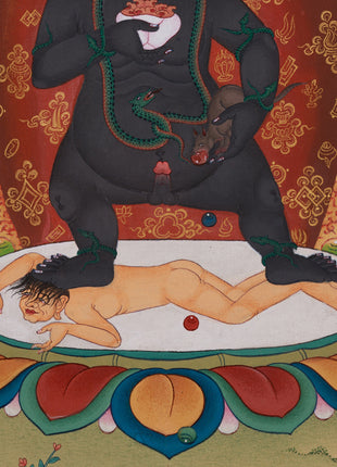 Black Dzambhala with Ratnasambhava Buddha Thangka | Manifestation of Prosperity and Protection