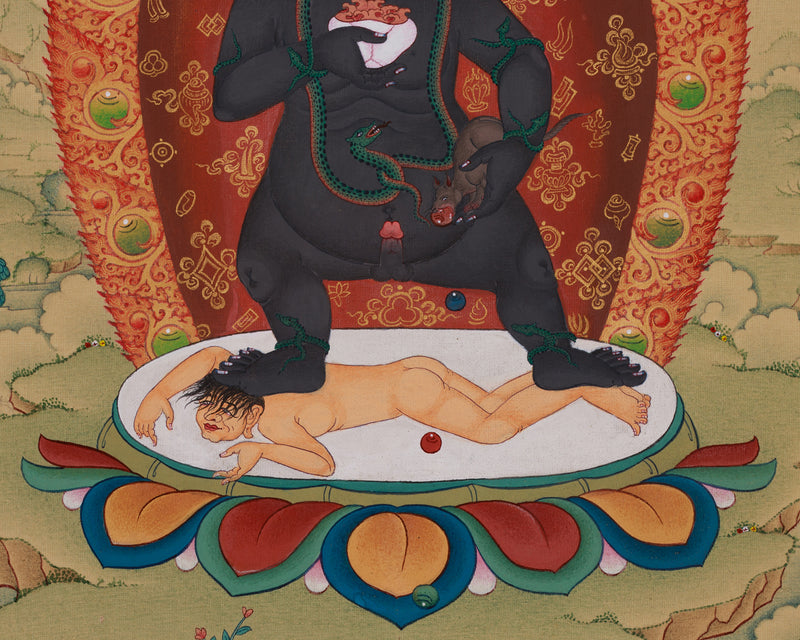 Black Dzambhala with Ratnasambhava Buddha Thangka | Manifestation of Prosperity and Protection