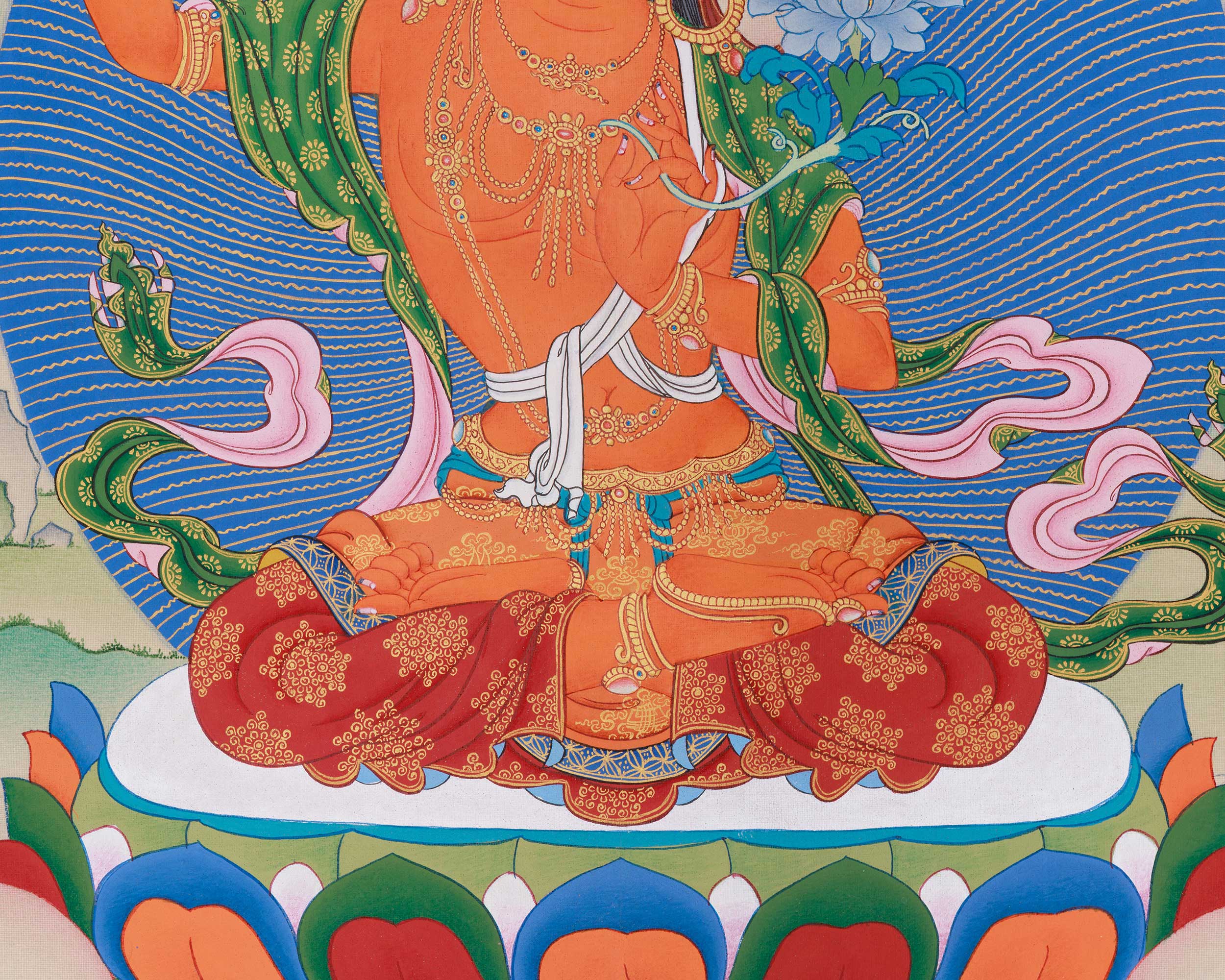 Sacred Manjushri, White Tara, and Dzambhala Thangka | Knowledge, Protection, and Prosperity