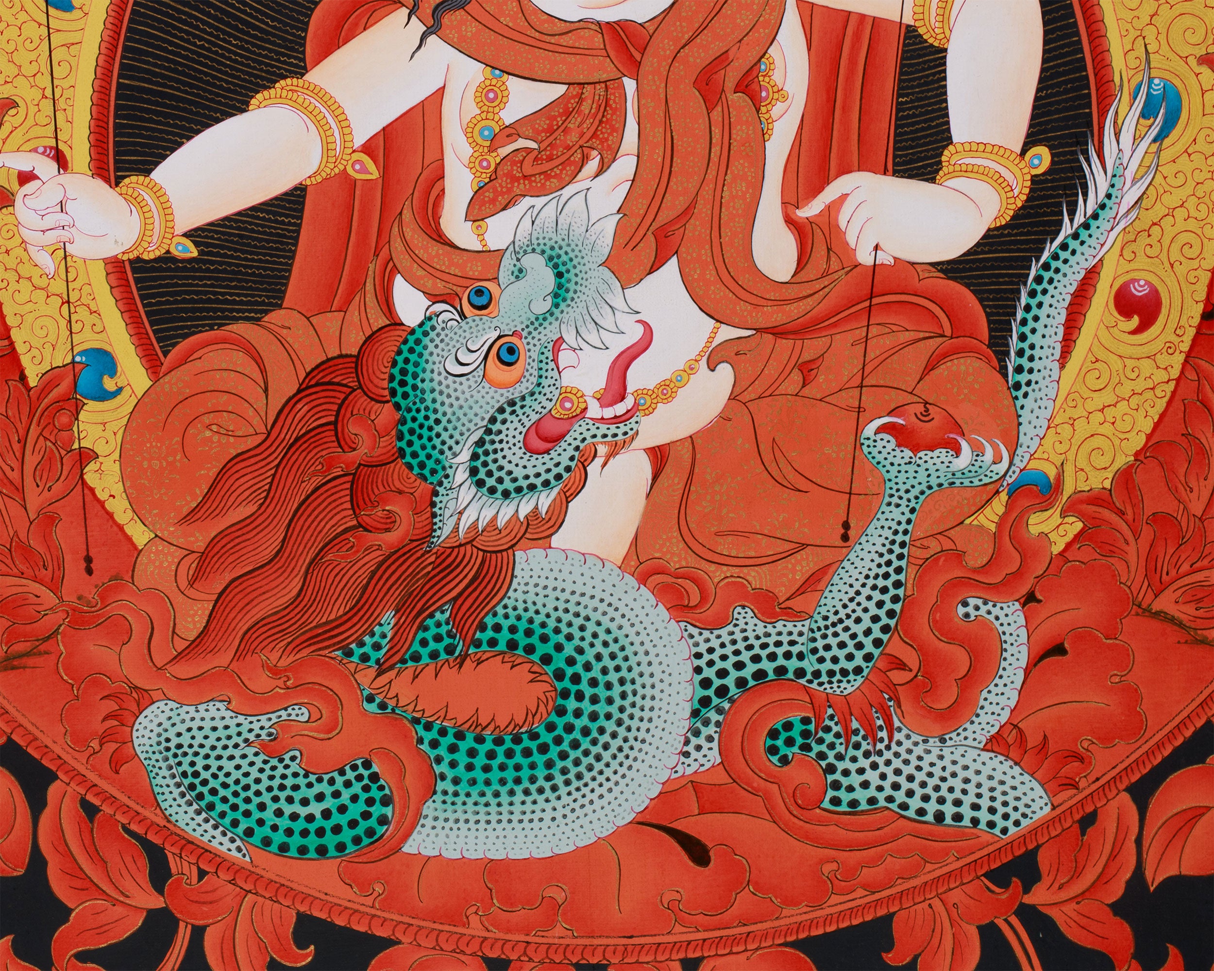 Large White Dzambhala Thangka on Black Canvas | Abundance and Spiritual Protection
