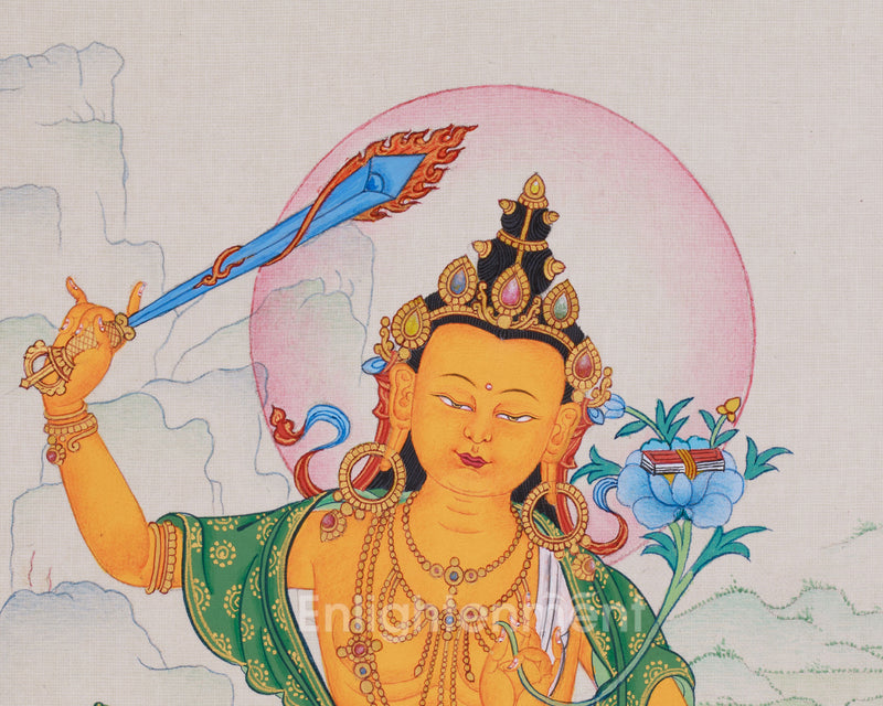 Bodhisattva of Wisdom, Manjushri Thangka | Small Canvas Artwork