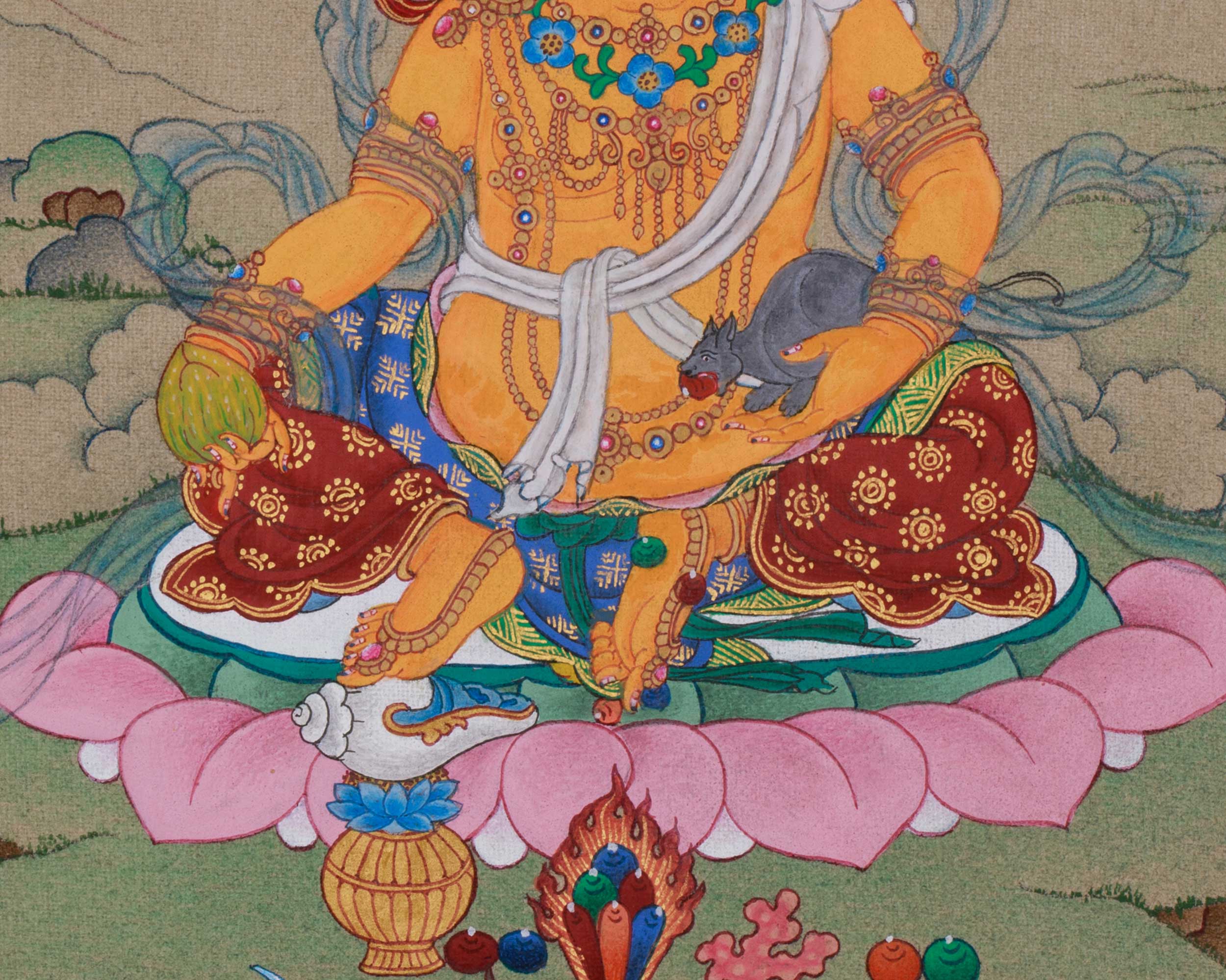 Sacred Jambhala Artwork | Kubera Thangka | Tibetan Buddhist Guardian of Fortune