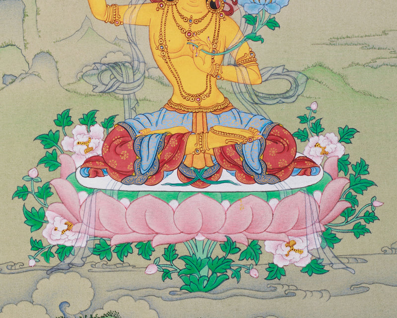 Manjushri: Detailed Small Thangka with Lhasa Stone Colors