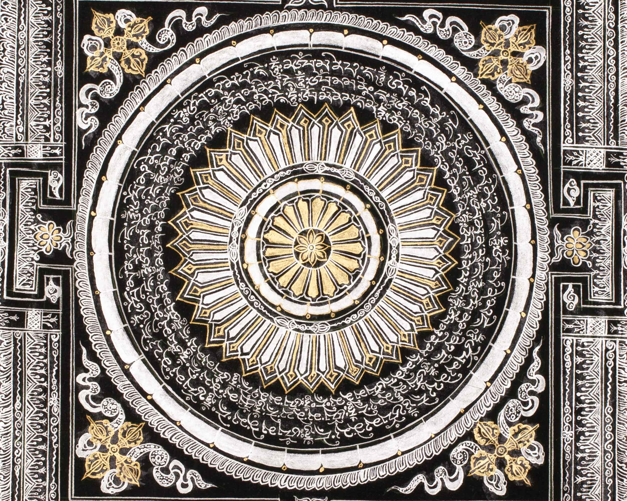 Silver with Gold Mantra Mandala | Four Mythical Creatures | Mandala Painting