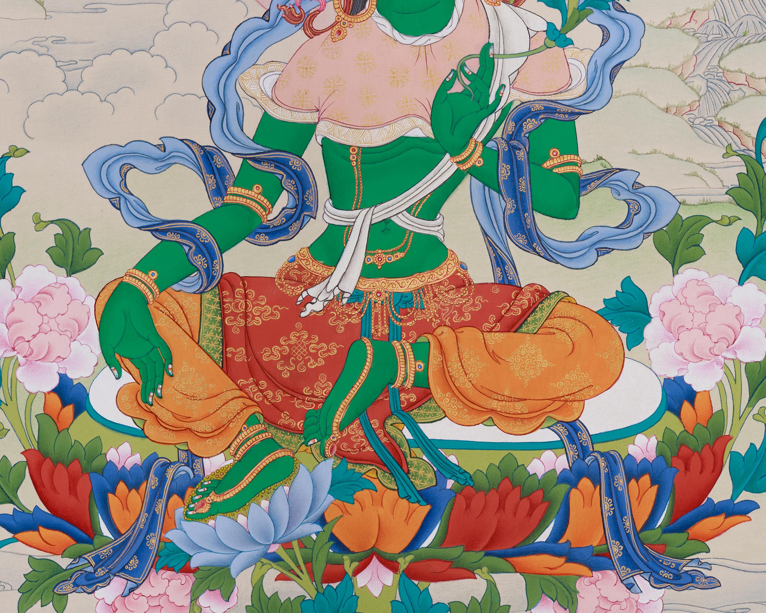 Hand-Painted Green Tara Protection Deity Thangka | Mother of Liberation