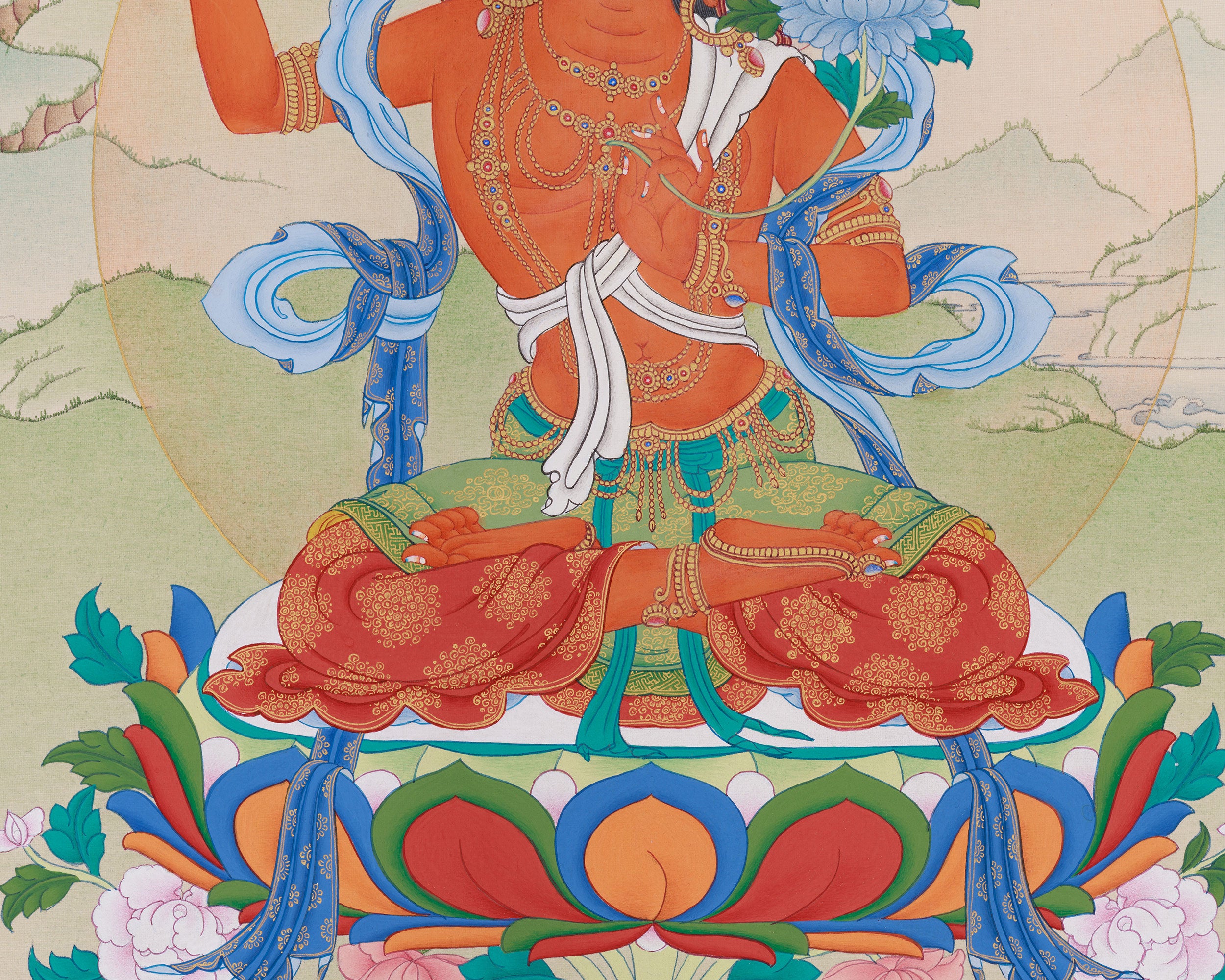 Tibetan Thangka of Flaming Sword Holder Manjushri | Divine Wisdom in Art