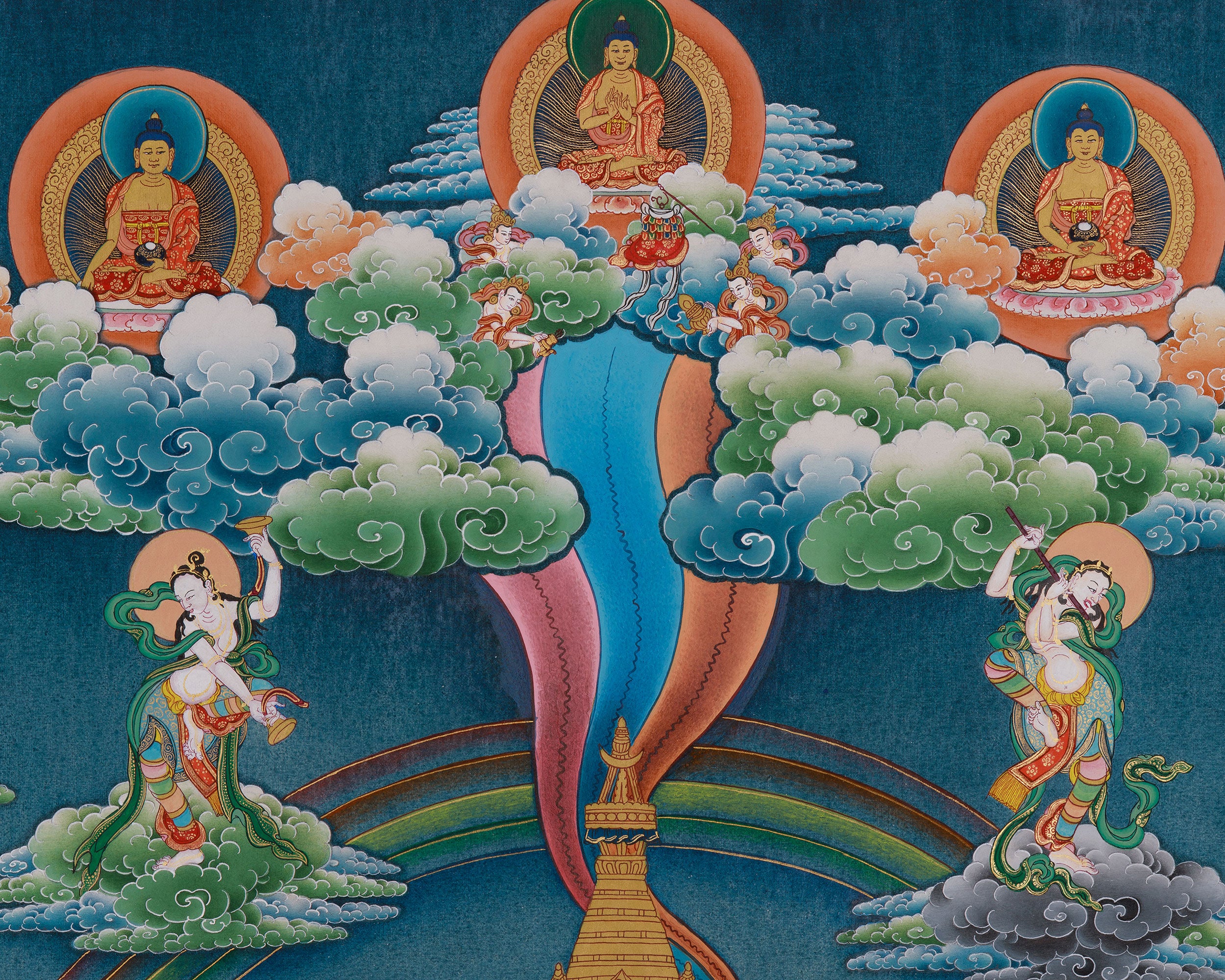 Five Buddha and  Boudha Stupa Thangka, Tibetan Meditation Wall Art