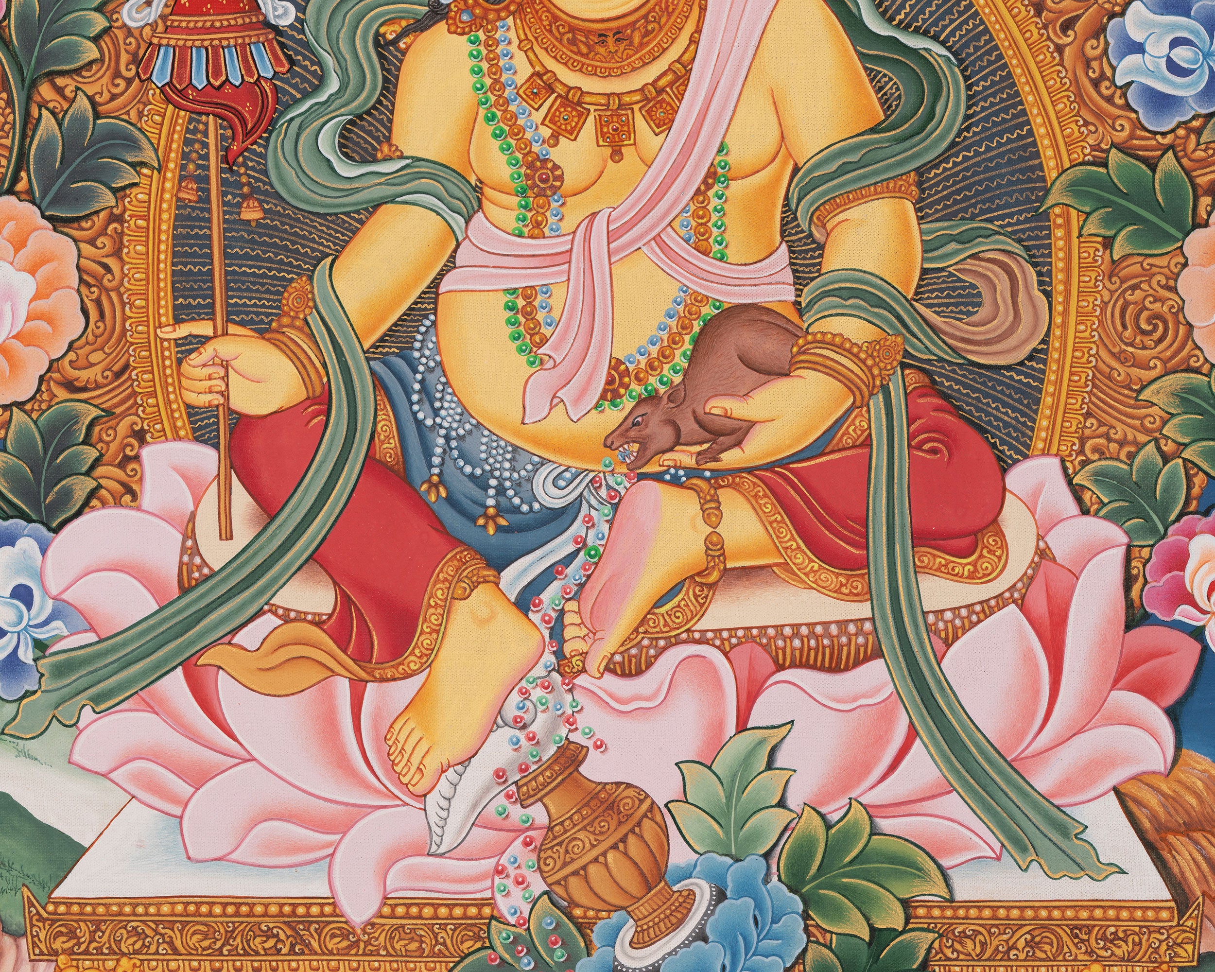 Kubera Thangka | Dzambhala With Mongoose | Original Handpainted Decor