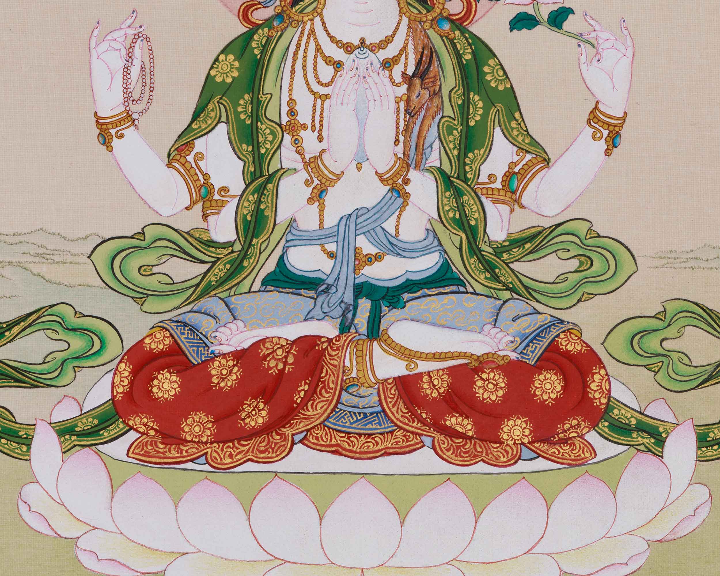 Compassion Bodhisattva Chenrezig Thangka | Four Armed Chenrezig