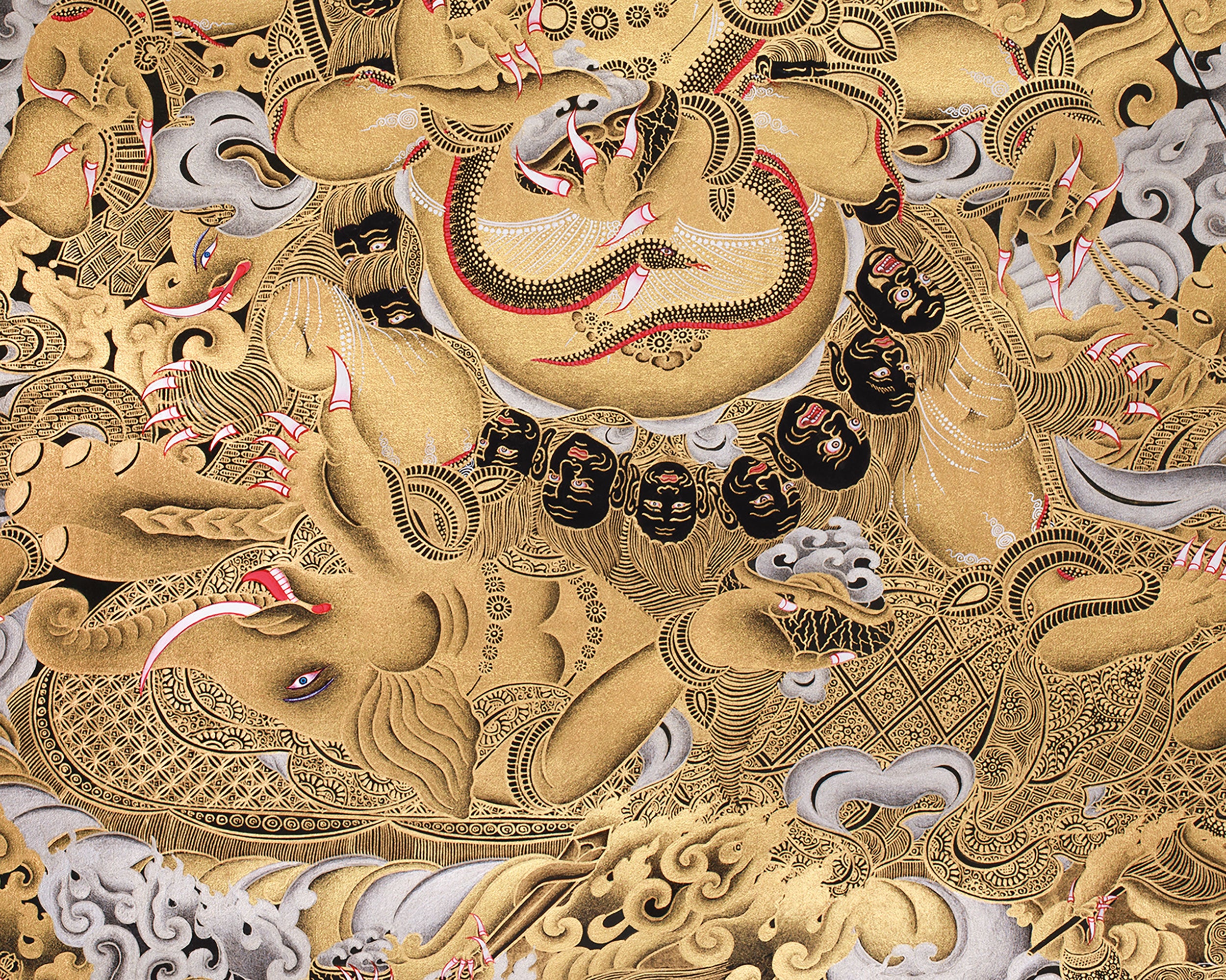 Majestic Gold & Silver Wrathful Six-Armed Mahakala Thangka | Protector of Dharma