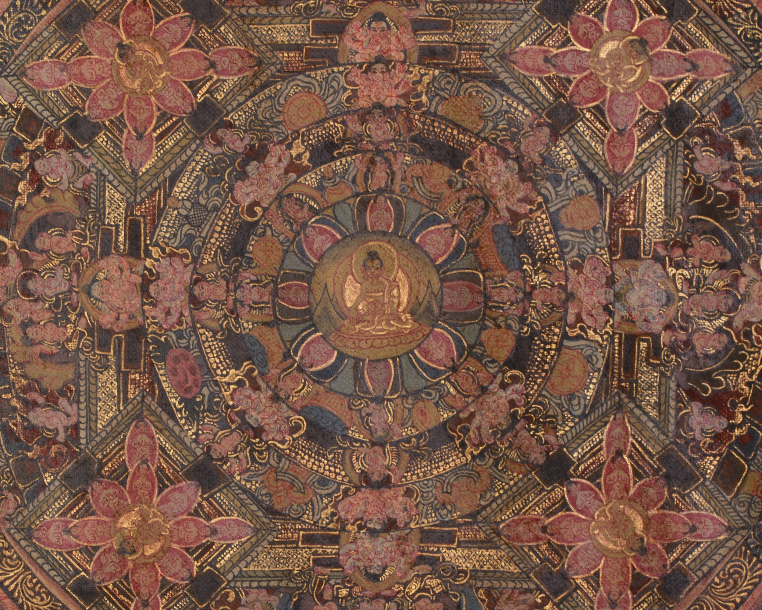 The Vintage Buddha Mandala Thangka | Celestial Buddha & Four Mandalas