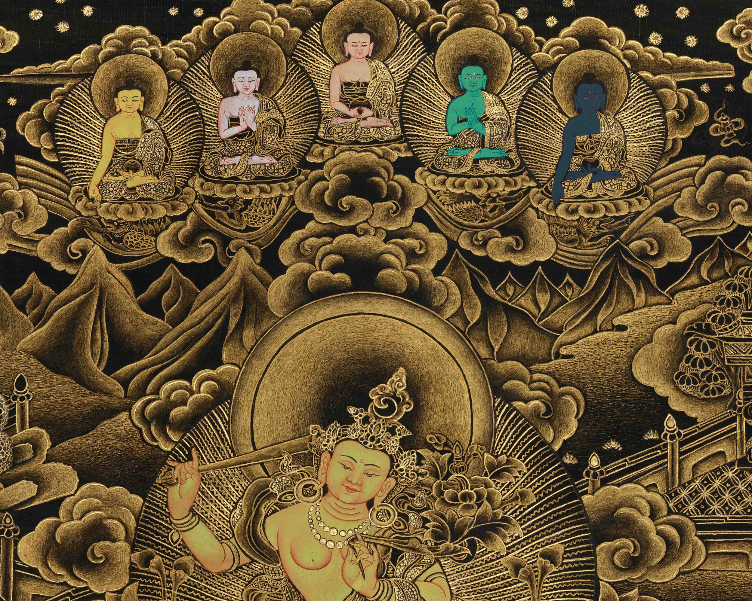 Golden-Hued Vajrayana Buddhist Manjushri Print | Wisdom Deity Wall Art for Altar